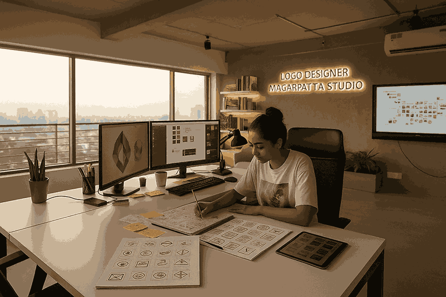 Professional logo designer in Magarpatta studio sketching creative logo concepts on desk