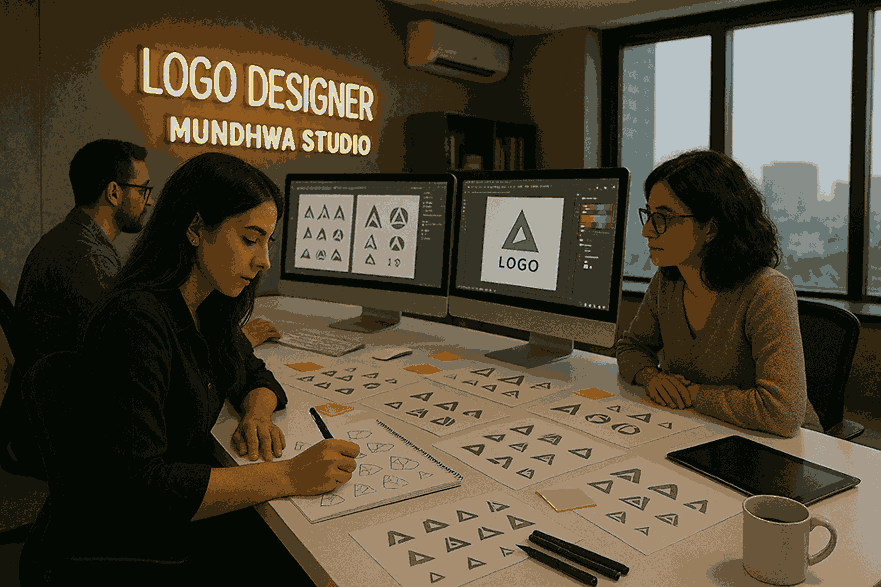 A team of professional logo designers collaborating at Logo Designer Mundhwa Studio, sketching logo drafts and designing on computers in a modern creative workspace