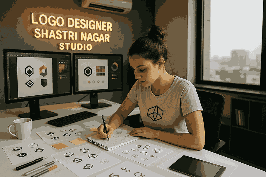 A professional female logo designer in Shastri Nagar working at a modern design studio desk, sketching creative logo concepts beside dual monitors displaying logo drafts.