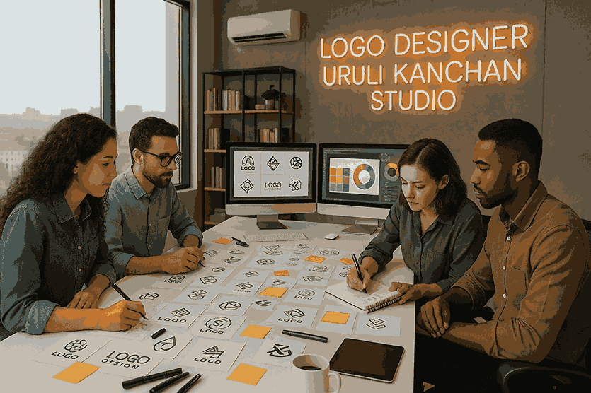 Professional logo designers working collaboratively in a modern studio at Logo Designer Uruli Kanchan, sketching logo concepts and color palettes