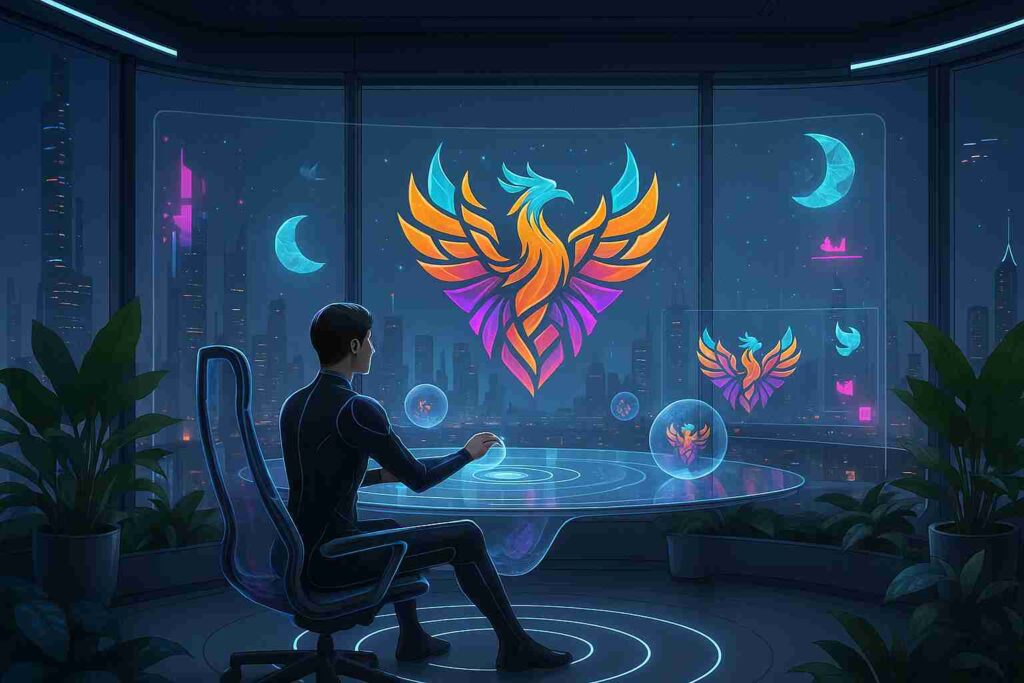 Futuristic logo designer in Viman Nagar creating a digital phoenix logo using holographic technology.