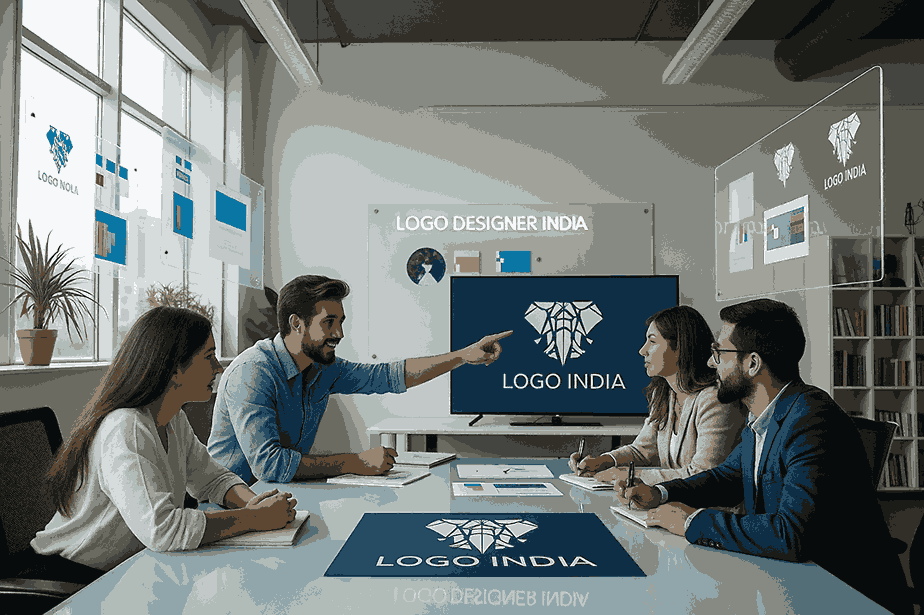 Professional logo designer team in Viman Nagar collaborating on creative branding ideas at Logo Designer India studio.