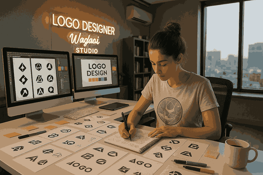 A young female logo designer working at Logo Designer Wagholi Studio, sketching creative logo ideas on paper surrounded by design tools, computers, and color palettes.