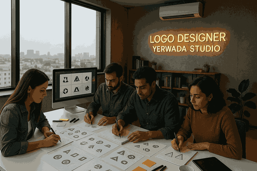 A team of logo designers brainstorming in the modern Logo Designer Yerwada Studio, sketching creative logo concepts at a white desk with computers and city view windows.