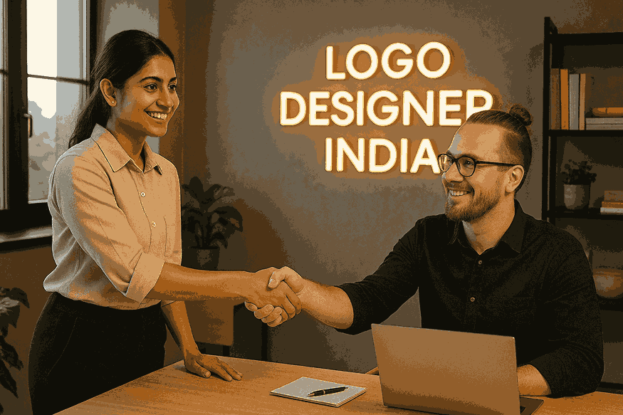 Happy client shaking hands with a professional designer at Logo Designer India office from a leading logo designing company India.