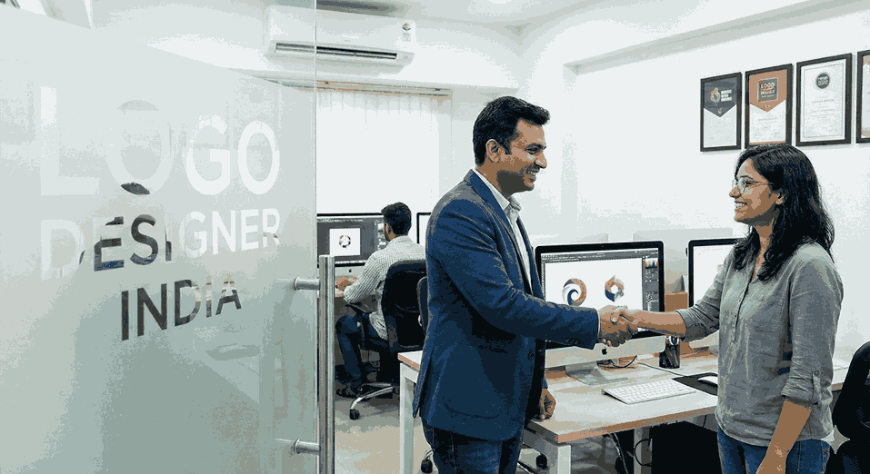 A smiling client in a blue jacket shakes hands with a female designer inside the modern office of 'LOGO DESIGNER INDIA'. A glass door with the company name and monitors displaying colorful logo designs are visible in the background.