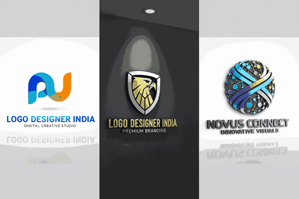 A composite image featuring three modern logos (Gradient, Metallic, and 3D style) demonstrating creative digital design techniques for Indian businesses.