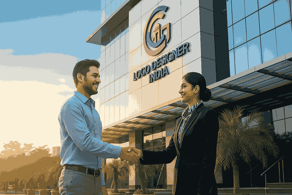 Two professionals shaking hands in front of the Logo Designer India office building, symbolizing creative collaboration and professional logo design services in Pune.