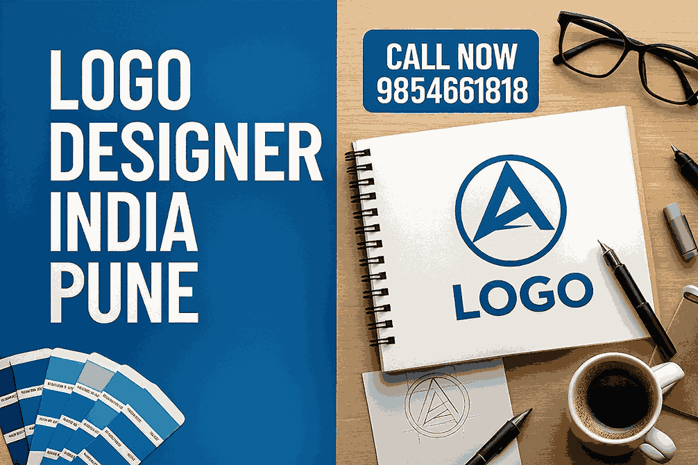 Cover image for Logo Designer India Pune showing bold typography, logo sketchbook, color swatches, and design tools on a creative workspace.