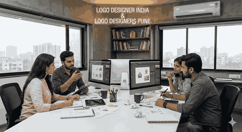 A team of professional logo designers in a modern studio in Pune, India, collaborating on branding projects with sketches and digital designs on their computers. A neon sign in the background reads "LOGO DESIGNER INDIA & LOGO DESIGNERS PUNE".