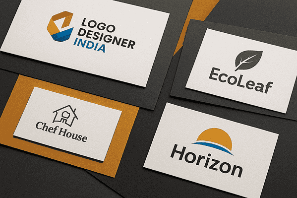 Logo design samples from Logo Designer India studio showcasing creative branding for EcoLeaf, Horizon, and Chef House in Kalyani Nagar Pune.