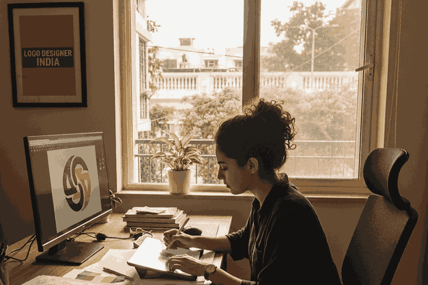 A female logo designer in Kalyani Nagar, India, working on a creative branding concept at her desk, with a "Logo Designer India" poster in the background.