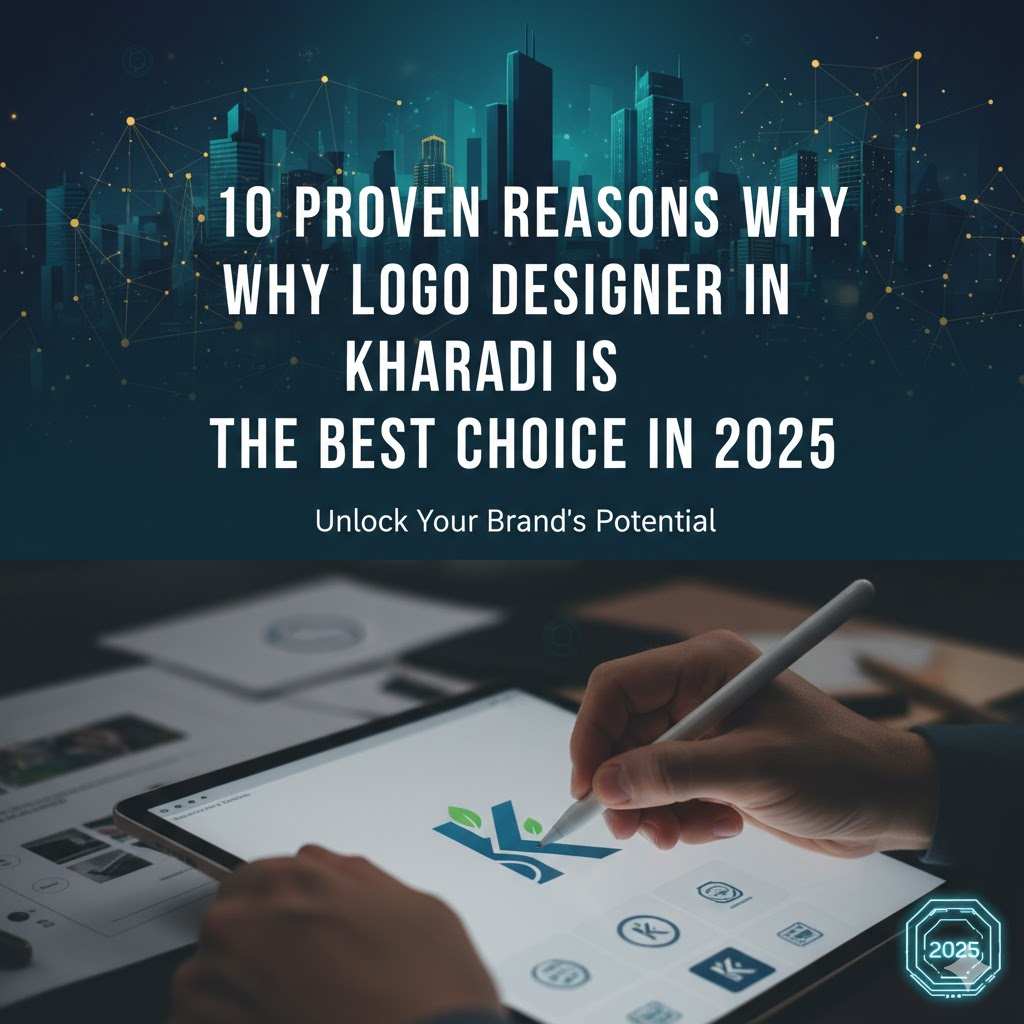 Logo Designer Kharadi 2025: Hands designing modern 'K' logo on a tablet, overlayed on Pune cityscape. Best Choice for Branding.