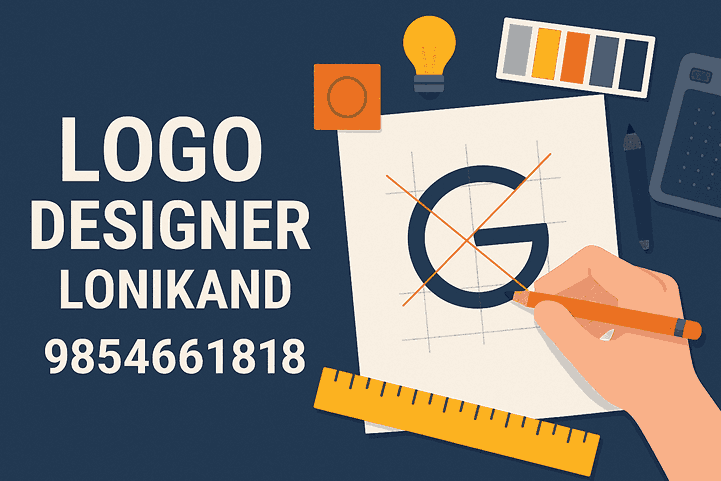 Professional workspace of a logo designer in Lonikand sketching modern logo concepts with creative tools.