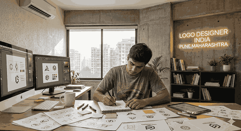 Young male logo designer sketching concepts at a desk with dual monitors, a tablet, and branding materials in a creative studio in Pune, Maharashtra, India.