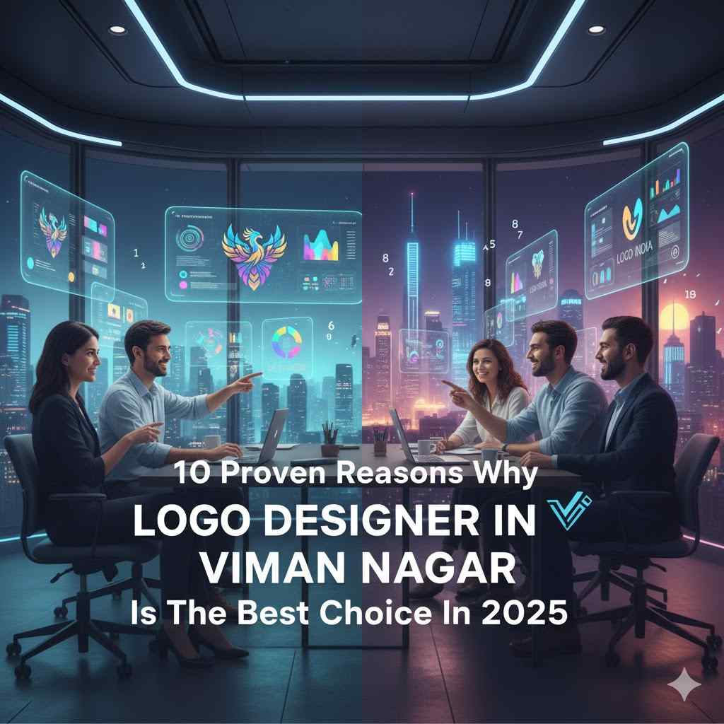 A group of five diverse logo designers in a modern, neon-lit office overlooking a futuristic city skyline, brainstorming with digital holographic displays showing logo concepts and data. The text "10 Proven Reasons Why LOGO DESIGNER IN VIMAN NAGAR Is The Best Choice In 2025" is prominently displayed in the foreground.