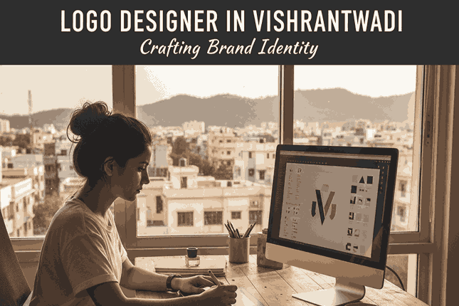 Logo designer in Vishrantwadi working on brand identity, crafting a unique logo on a computer with a scenic city view in the background.