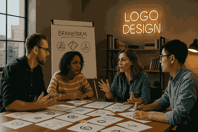 A group of professional logo designers brainstorming in a creative studio, surrounded by logo sketches, a whiteboard, and a neon “LOGO DESIGN” sign.