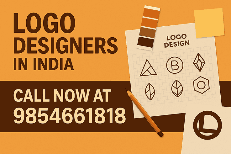 A promotional banner showing “Logo Designers in India” with logo sketches, color swatches, and a call-now number 9854661818 in a modern graphic layout.