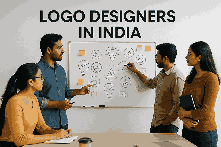 A team of professional logo designers in India brainstorming logo concepts in a modern studio with “LOGO DESIGNERS IN INDIA” displayed on the wall.