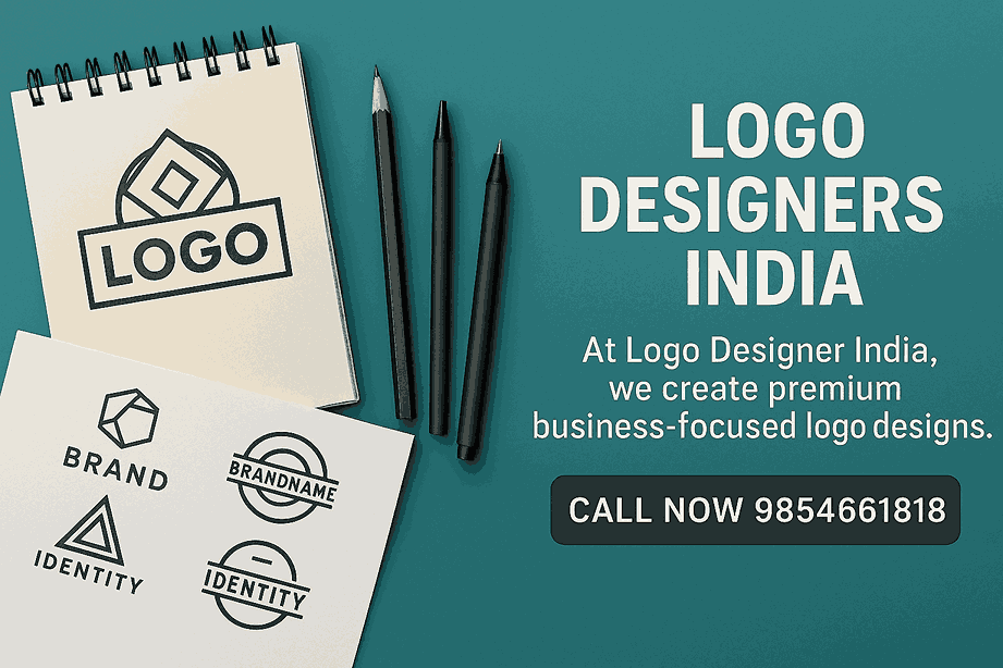 Professional cover image promoting Logo Designers India with logo sketches, notebook, pencils, and a call-to-action “Call Now 9854661818” on a teal background.