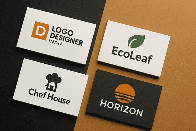 Modern business cards showcasing creative logo designs by a professional LOGO DESIGNING AGENCY IN INDIA.