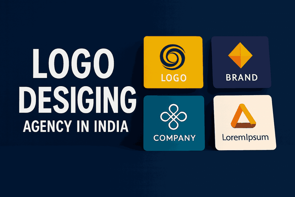 Professional cover design showing “LOGO DESIGNING AGENCY IN INDIA” with creative logo mockups and branding elements.