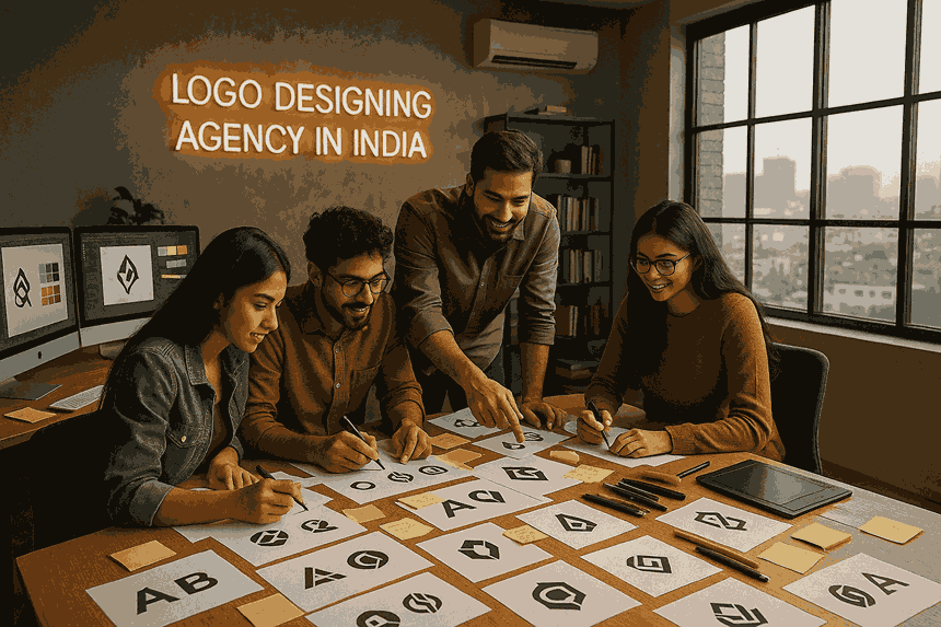 Creative designers collaborating in a professional LOGO DESIGNING AGENCY IN INDIA workspace with modern tools and branding concepts.