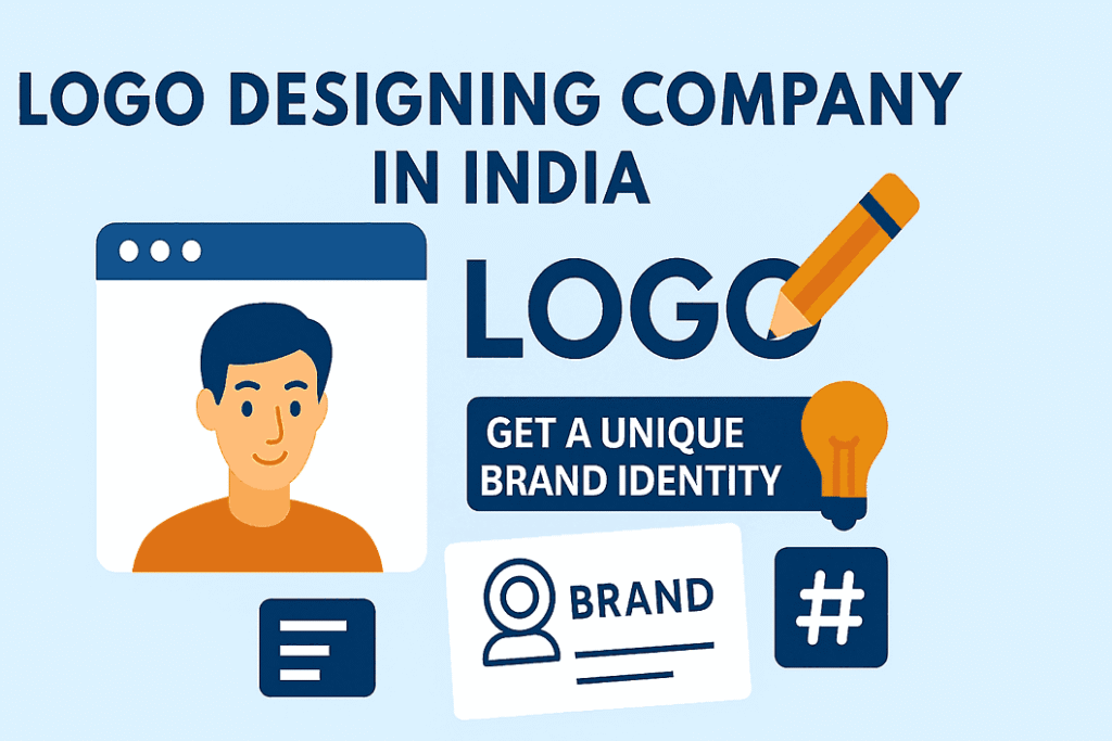 Landscape cover image showing a flat-style illustration with the title ‘Logo Designing Company in India’, including a designer avatar, pencil drawing a logo, brand identity icons, and a light blue modern background.