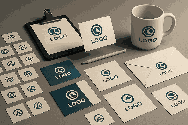Creative branding mockup with logo cards, stationery, envelopes and mug designed by a logo designing company India.