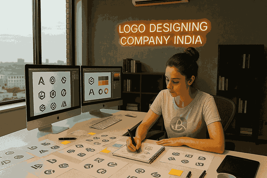 Professional logo designer working at a modern studio desk in a logo designing company India creating custom brand concepts.