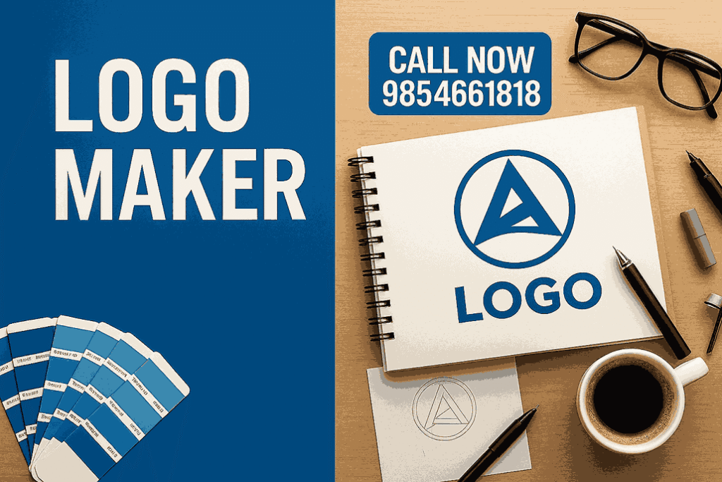 Cover image showing the title Logo Maker with branding tools and logo design elements on a creative desk.