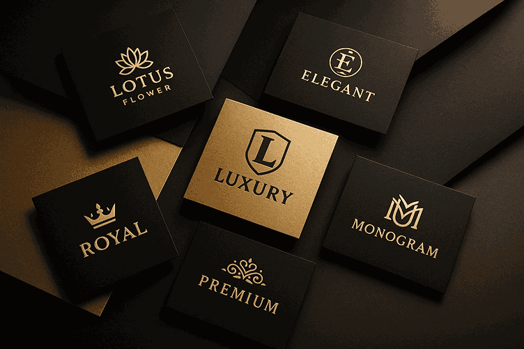 Luxurious branding mockup featuring multiple gold and matte black logo design cards displayed on textured backgrounds with soft reflections and cinematic lighting.