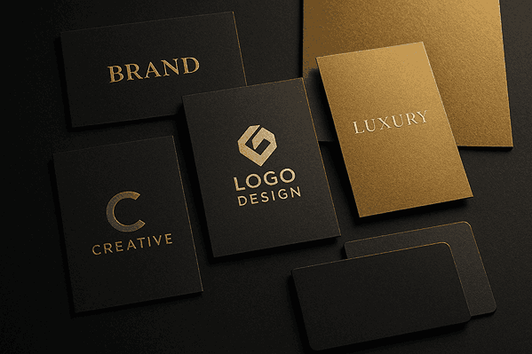 A luxurious branding mockup featuring multiple logo design cards on matte black, dark grey, and gold textured backgrounds with soft reflections and cinematic lighting.