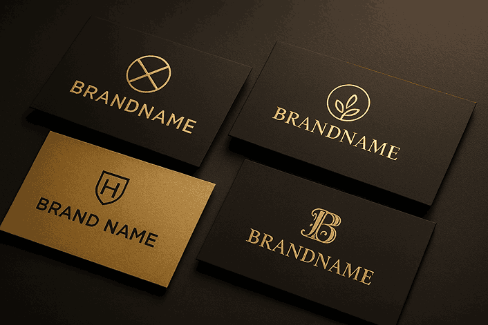 Luxury black and gold business card mockup in landscape layout showcasing premium branding designs.