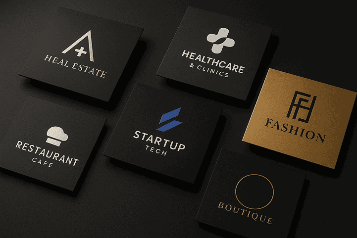 A luxurious landscape branding mockup displaying multiple premium logo design cards on matte black, dark grey, and gold textured backgrounds with cinematic lighting.