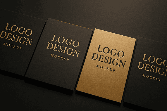 Luxurious branding mockup displaying multiple gold-embossed logo design cards on matte black, dark grey, and gold textured backgrounds with cinematic lighting and soft reflections.