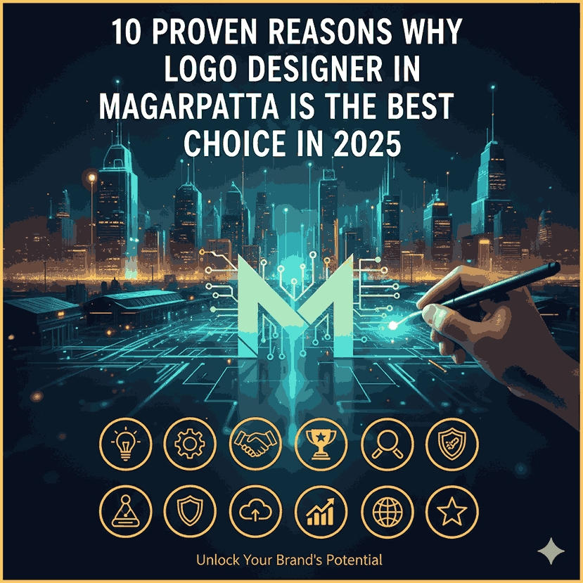 Modern M-shaped logo design with circuit board elements, representing innovation and technology, set against a futuristic city skyline. A hand holds a stylus, illustrating the creative process. Ten icons below symbolize key benefits like ideas, gear, handshake, trophy, magnifying glass, shield, person, cloud, growth, and globe, all supporting the title '10 Proven Reasons Why Logo Designer in Magarpatta Is the Best Choice in 2025.' The caption 'Unlock Your Brand's Potential' is at the bottom