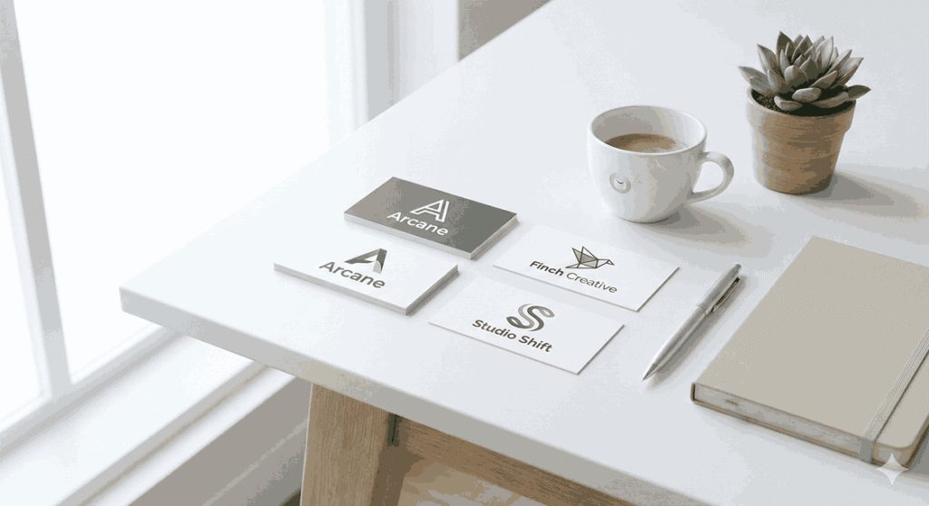 A photorealistic mockup of branding materials on a clean white desk, featuring business cards for "Arcane," "Finch Creative," and "Studio Shift," a white ceramic coffee cup with a logo, a silver pen, a beige notebook, and a small succulent plant next to a bright window.