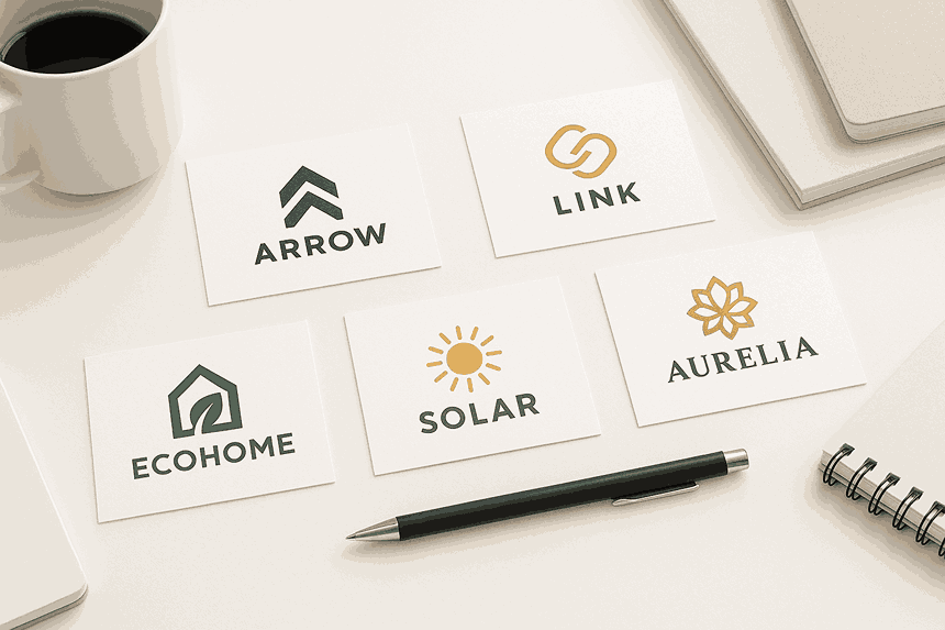 A clean minimalist white desk featuring creative business cards with modern logo designs, surrounded by pens, notebooks, and a coffee cup, styled in bright soft lighting for a professional branding presentation.