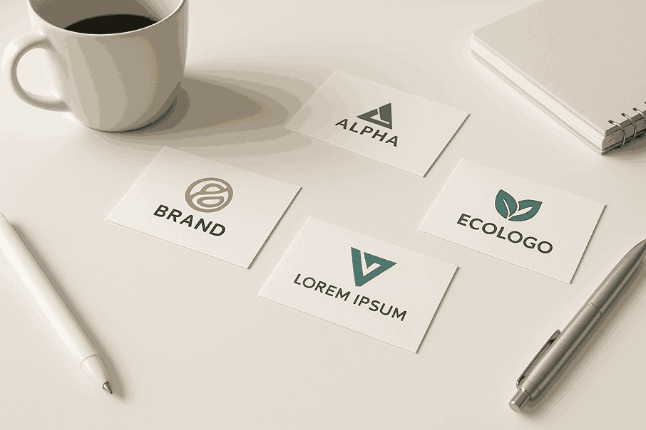 Minimalist white desk with business cards displaying creative logo designs, along with a coffee cup, pens, and a notebook in a clean modern workspace.