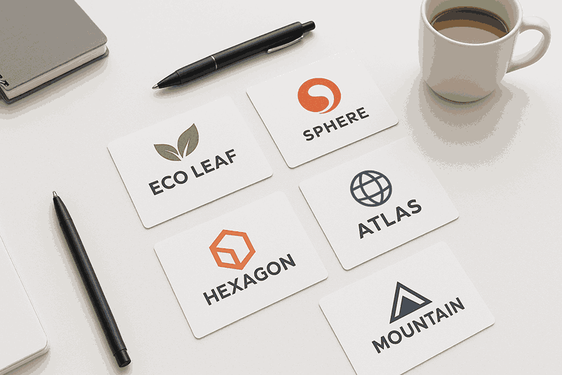 A clean minimalist white desk displaying business cards with creative logo designs, along with a pen, notebook, and coffee cup in a modern corporate setting.