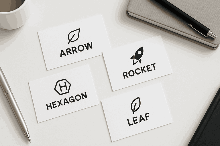 Minimalist white desk with business cards displaying creative logo designs, pens, notebook, and a coffee cup in soft bright lighting.