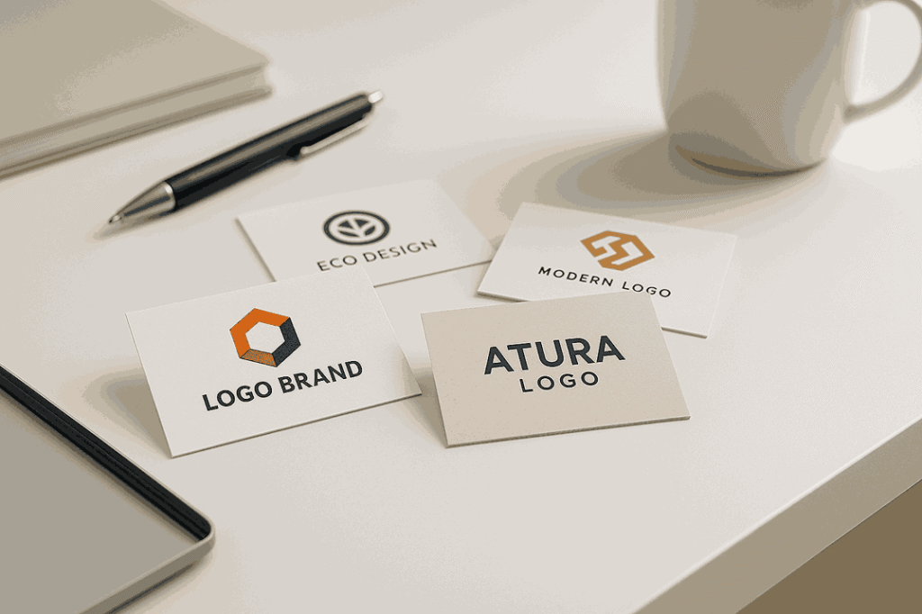 Minimalist white desk with modern business cards displaying creative logo designs, pens, notebook, and coffee cup under soft natural lighting.
