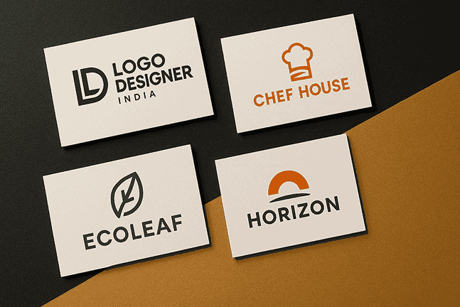 A flat lay of multiple business cards displaying modern logo designs—Logo Designer India, EcoLeaf, Chef House, and Horizon—arranged on a black and golden textured background with soft lighting.