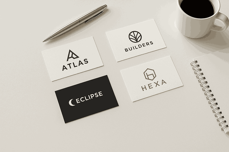 Minimalist white desk featuring modern business cards with creative logo designs, pens, notebook, and coffee cup under bright natural lighting.