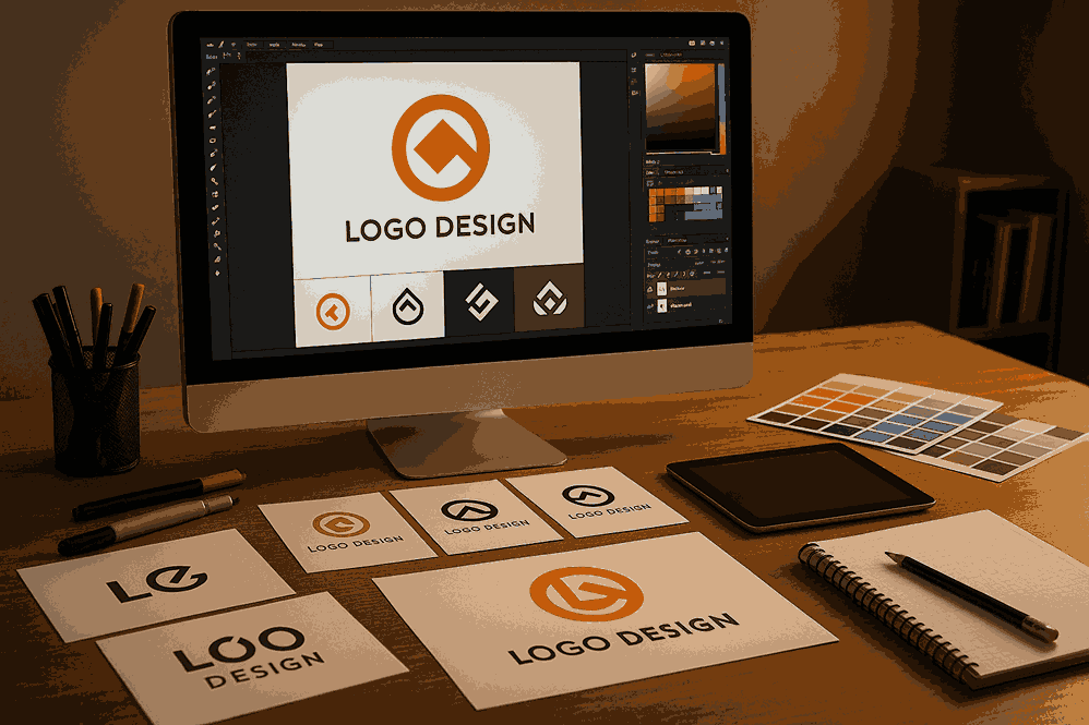 Professional graphic designer workspace with logo design software, printed logo cards, and design tools.