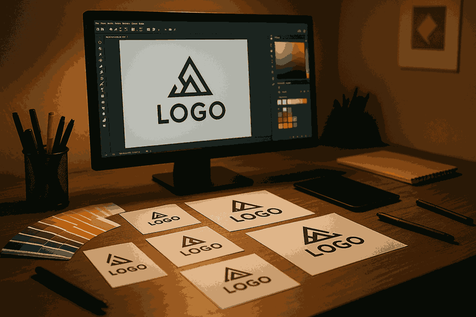 A professional graphic designer’s workspace with a computer monitor displaying logo design software, printed logo cards, color swatches, sketch pads, and design tools under warm studio lighting.