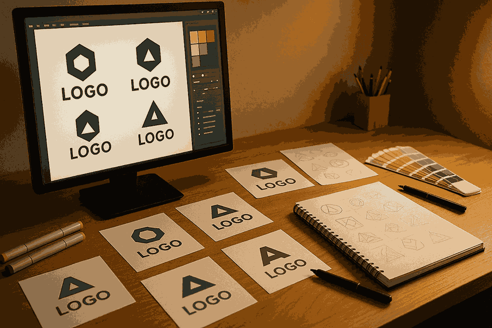 A professional graphic designer’s workspace with a monitor showing logo design software, printed logo concepts, sketchpads, markers, and color swatches under warm studio lighting.