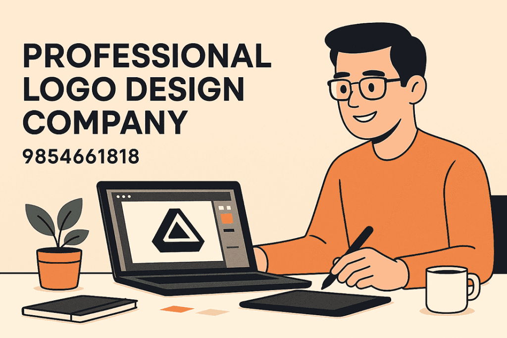 Modern flat digital illustration of a graphic designer working on a logo with the text Professional Logo Design Company and contact number 9854661818 on a clean minimalist workspace.